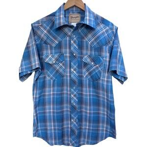 Wrangler Western Snap Button Shirt Mens Medium Blue Plaid Short Sleeve Cowboy